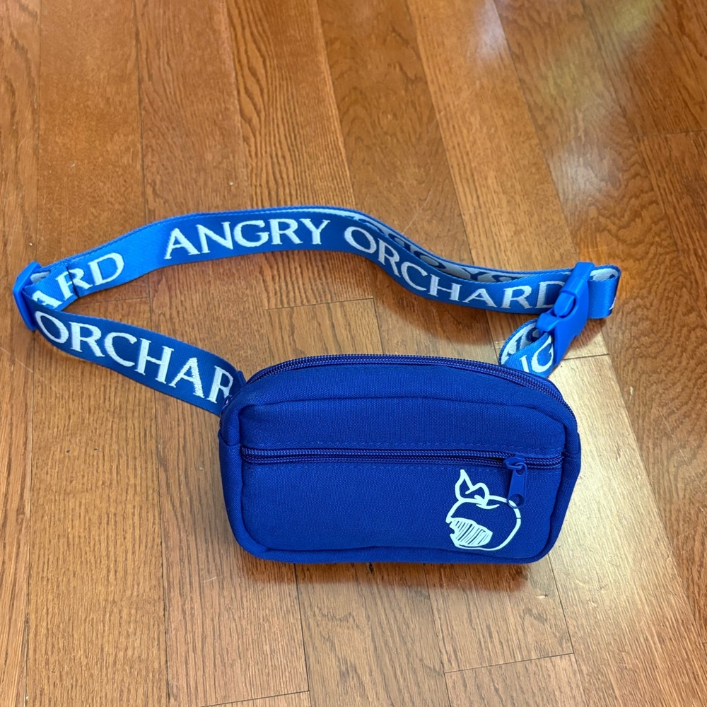 Blue and white Angry Orchard insulated fannypack crossbody bag. Adjustable